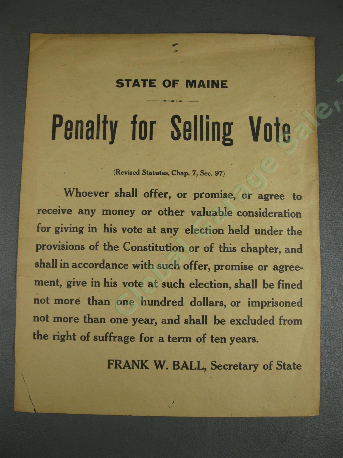 ORIGINAL circa 1920 STATE of MAINE Penalty for Selling Vote Frank W Ball Poster