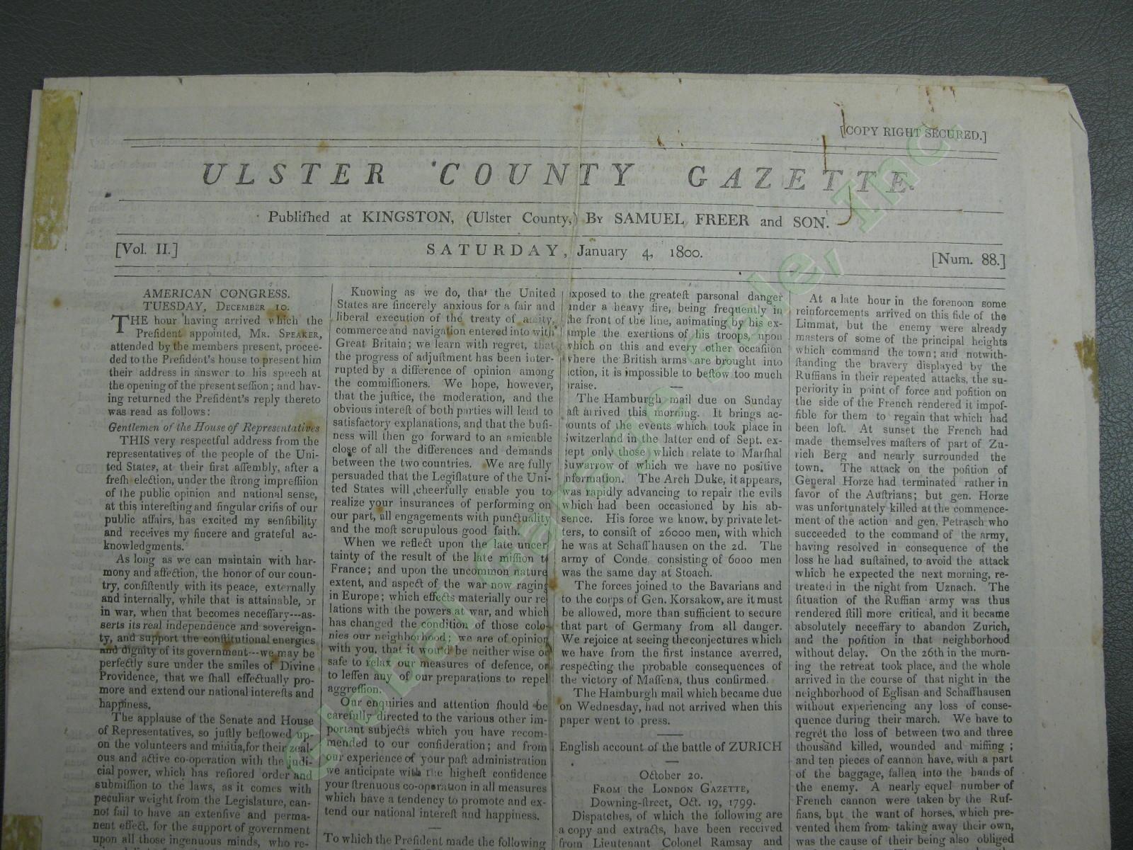 19th Century c1850 ULSTER COUNTY GAZETTE 1/4/1800 Washington Death Newspaper NR 3