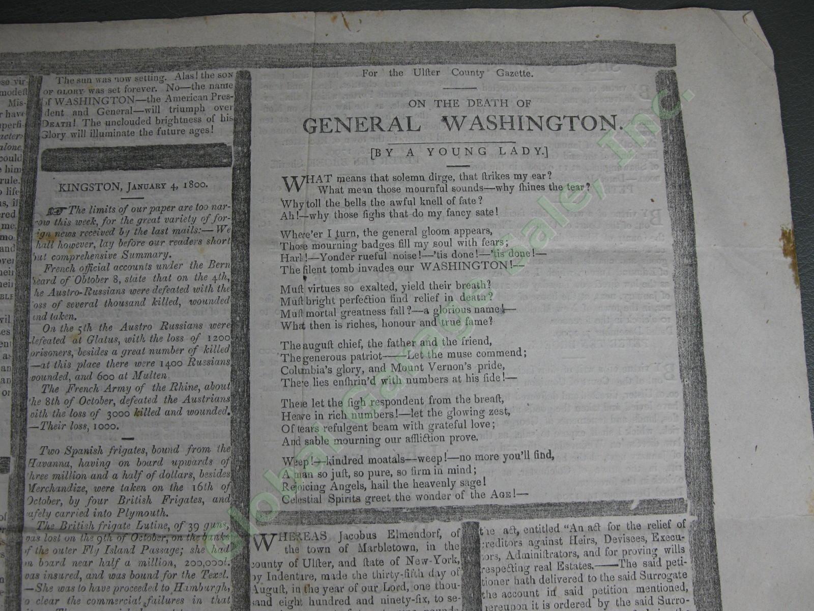 19th Century c1850 ULSTER COUNTY GAZETTE 1/4/1800 Washington Death Newspaper NR 12