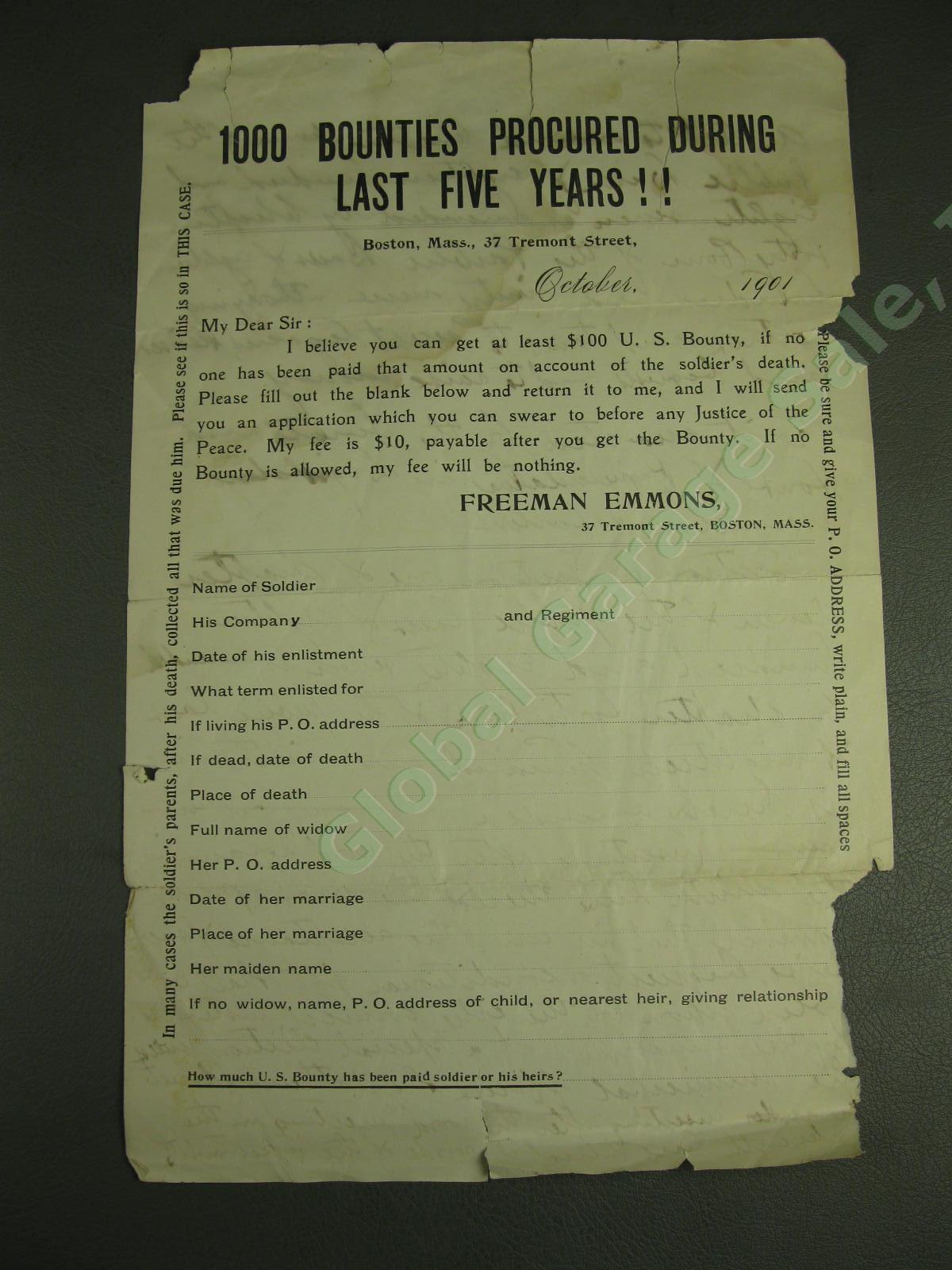 Antique 1901 Document Freeman Emmons Boston Attorney US Bounty Soldiers Death NR