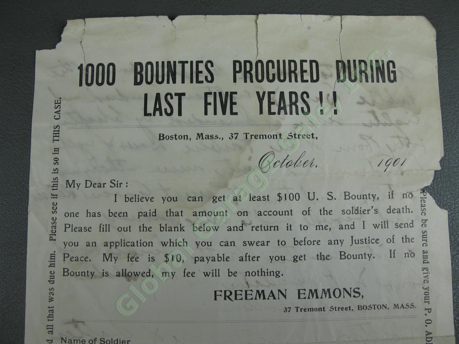Antique 1901 Document Freeman Emmons Boston Attorney US Bounty Soldiers Death NR 1