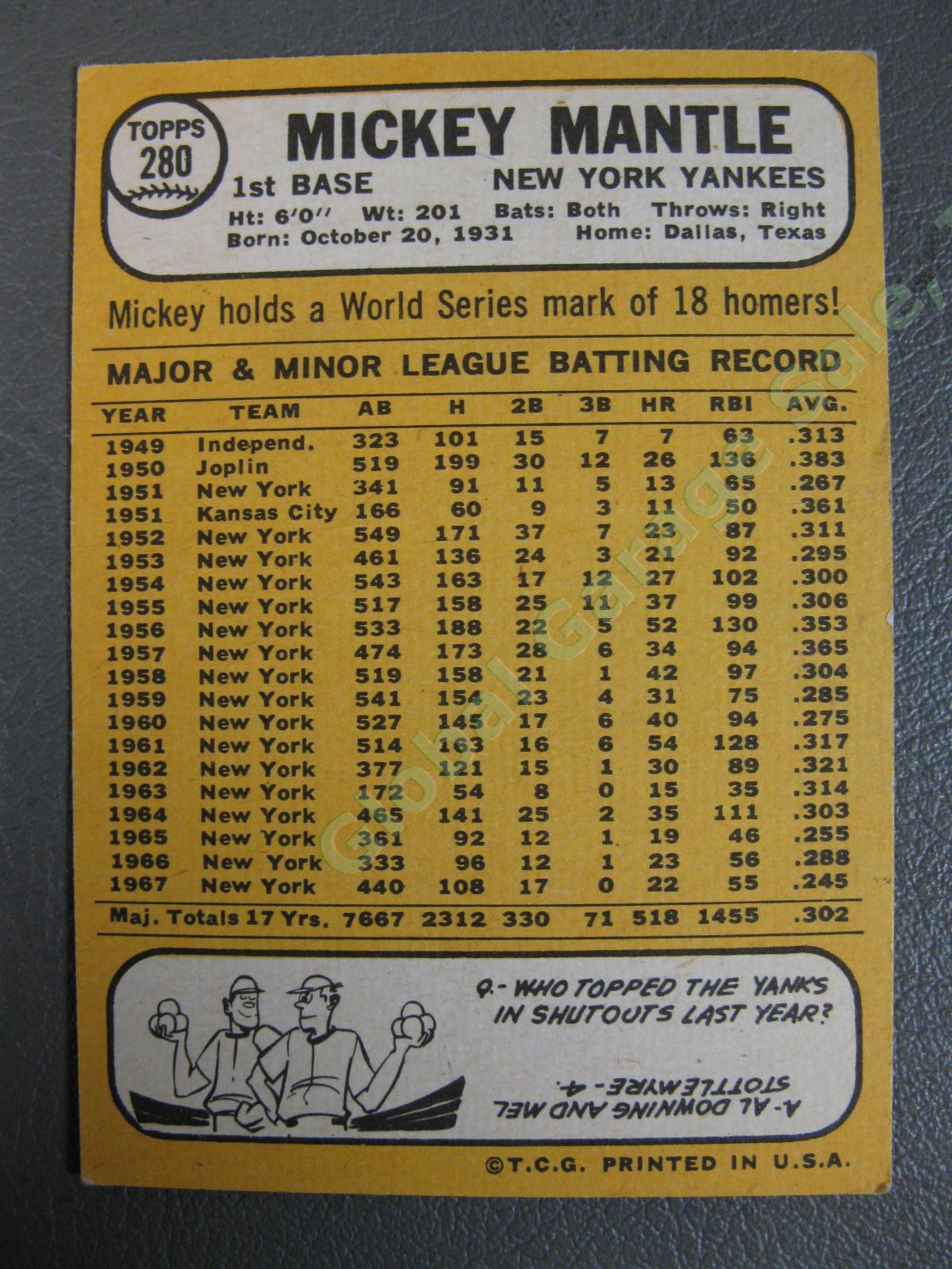 1968 Topps #280 Mickey Mantle NY New York Yankees HOF Baseball Card Crease NR 1