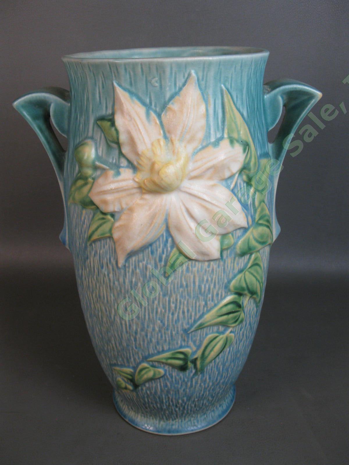 Large RARE Roseville Pottery 112-12" Inch Blue White Clematis Flower Vase Ohio