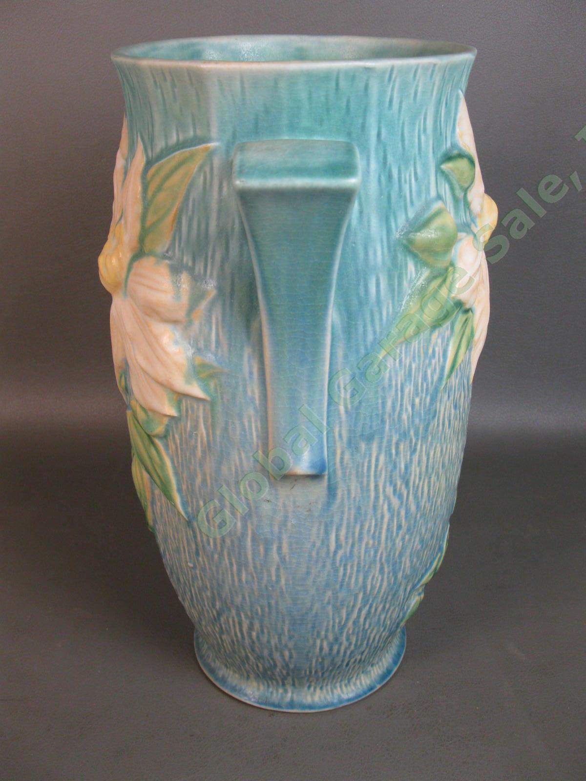 Large RARE Roseville Pottery 112-12" Inch Blue White Clematis Flower Vase Ohio 1
