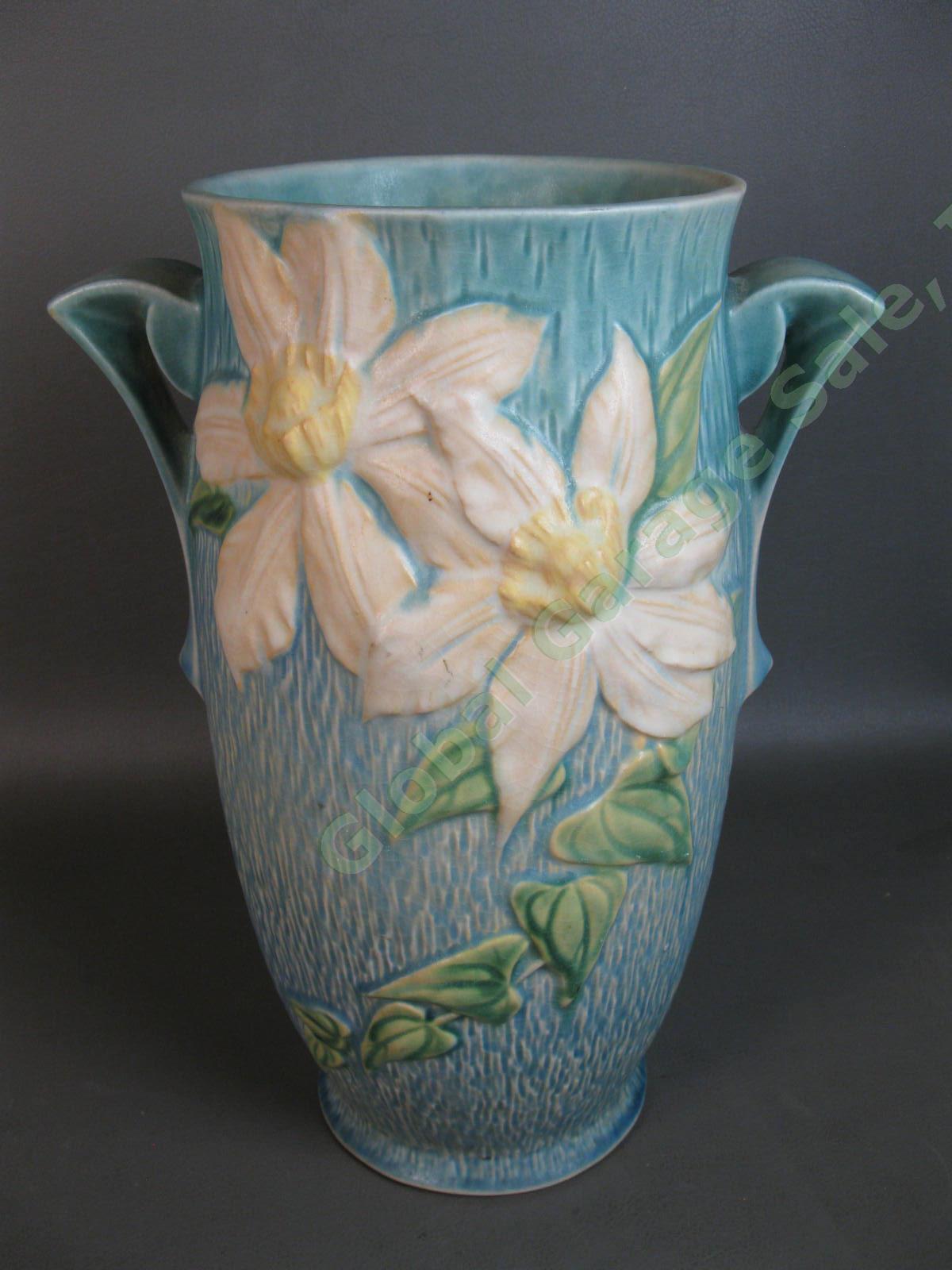 Large RARE Roseville Pottery 112-12" Inch Blue White Clematis Flower Vase Ohio 2