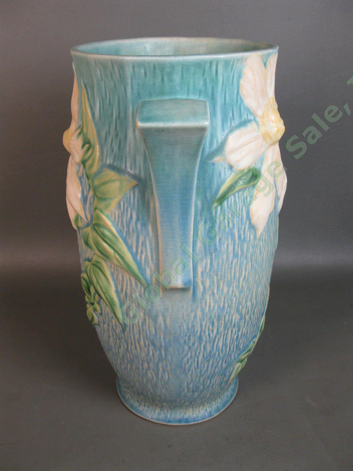 Large RARE Roseville Pottery 112-12" Inch Blue White Clematis Flower Vase Ohio 3
