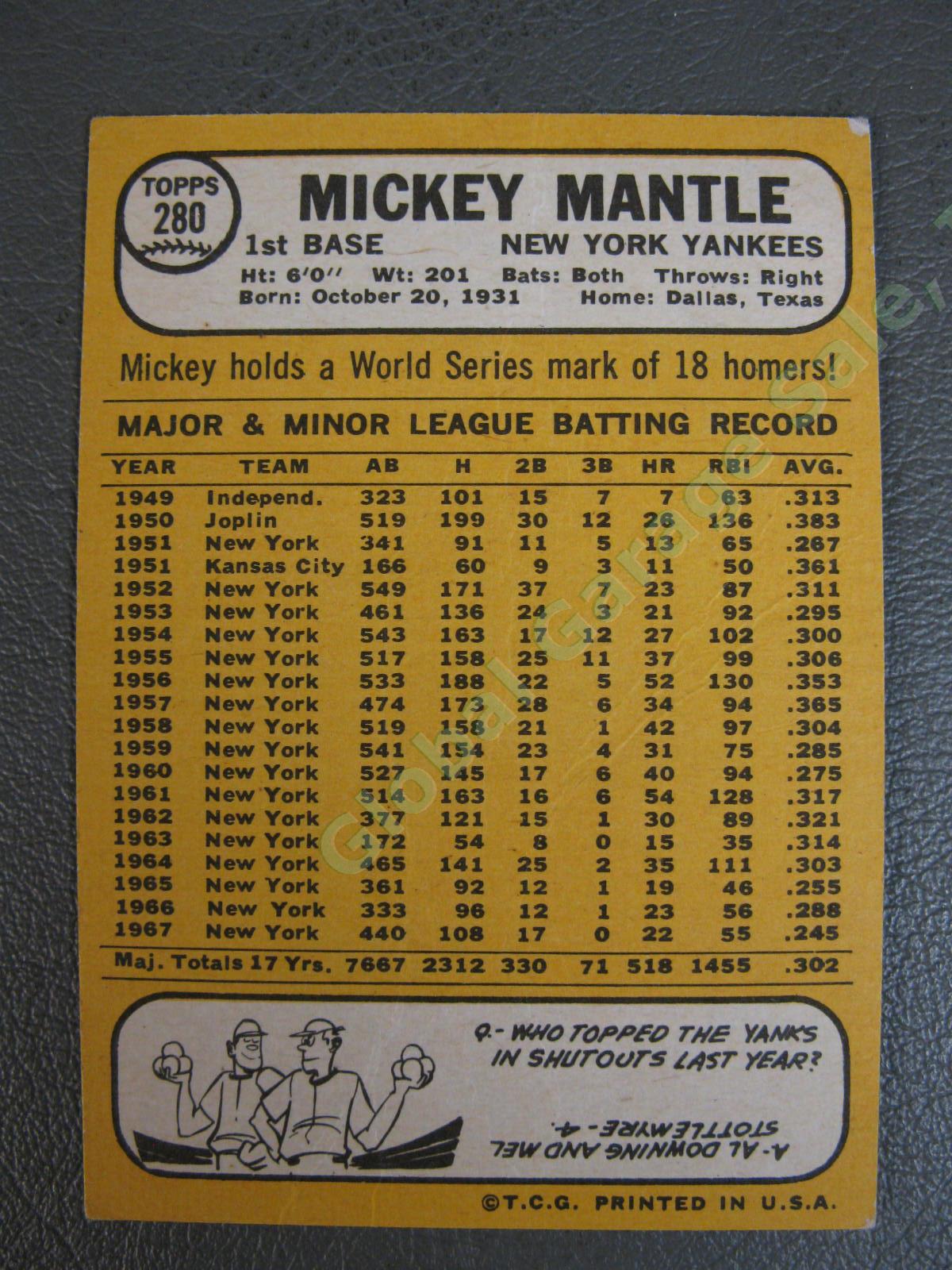 1968 Topps #280 Mickey Mantle NY New York Yankees HOF Baseball Card Crease NR 5