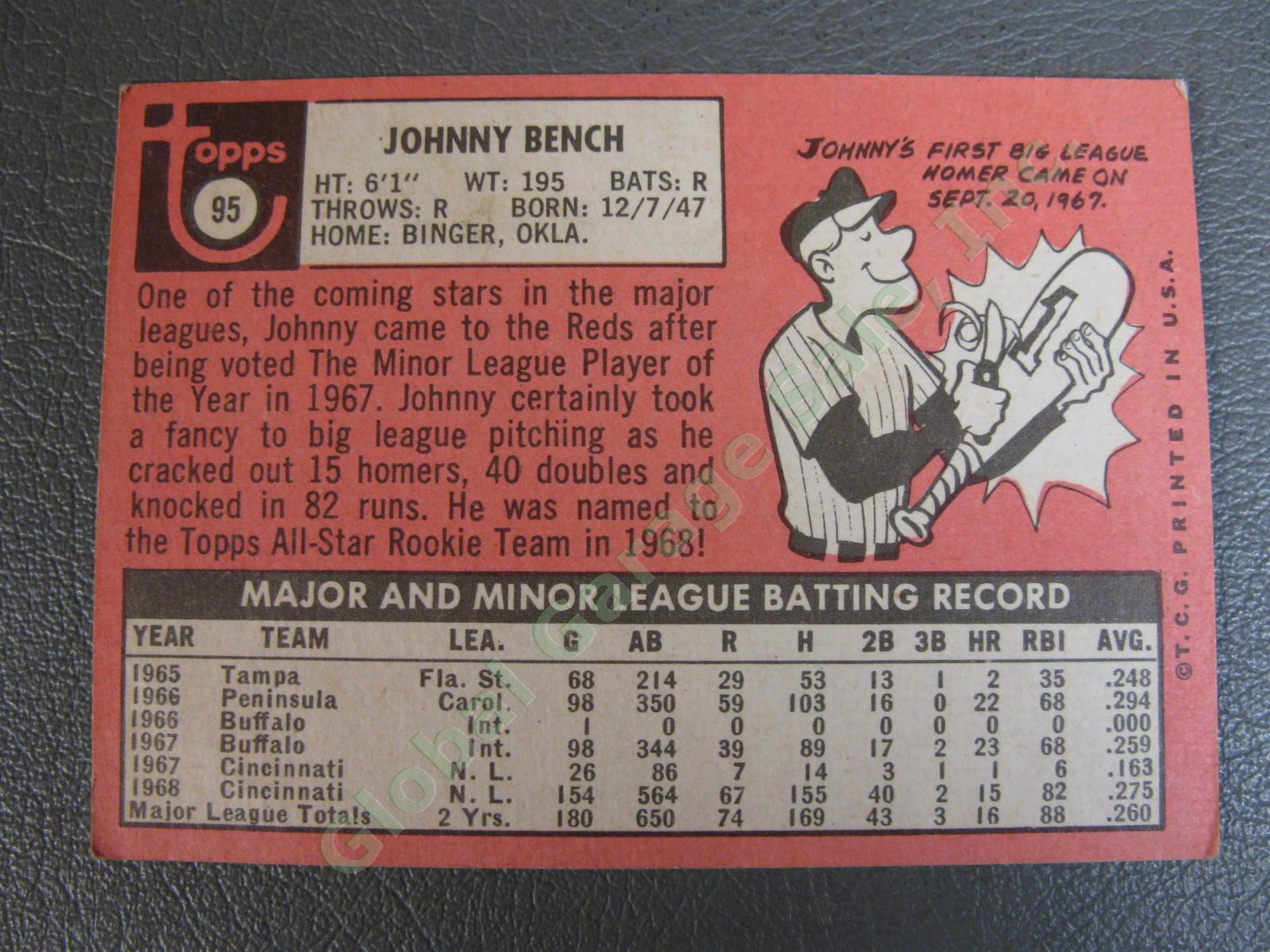 1969 Topps Johnny Bench #95 Cincinnati Reds All Star Rookie Baseball Card HOF NR 6