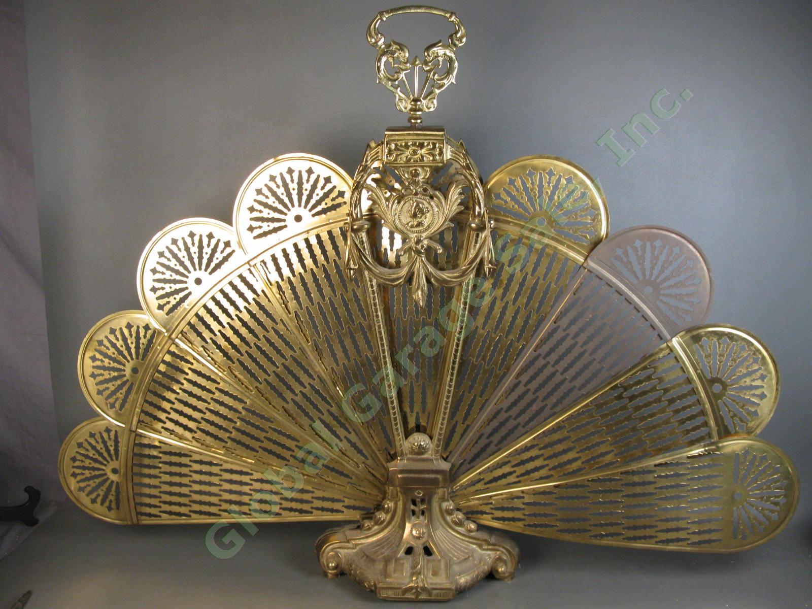 VINTAGE MCM Art Deco Brass Peacock Folding Fireplace Screen Fan Victorian Cameo 3