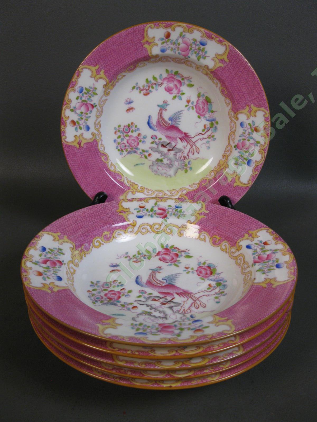 SET of 6 RARE Minton Cockatrice Pink 8" Inch Rimmed Soup Bowl LOT Globe Wreath