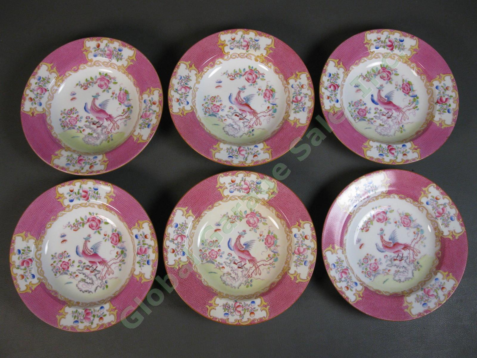 SET of 6 RARE Minton Cockatrice Pink 8" Inch Rimmed Soup Bowl LOT Globe Wreath 1