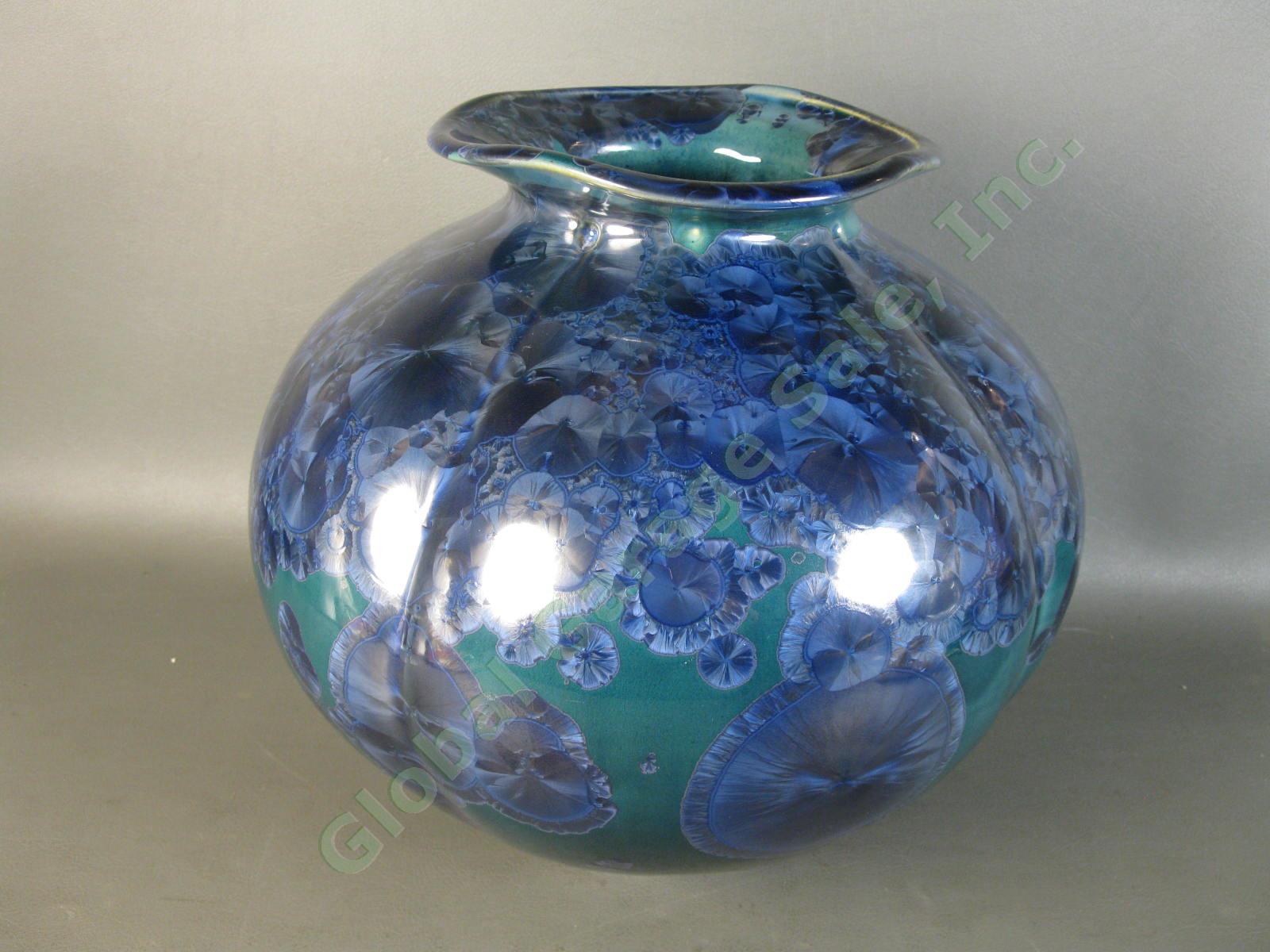 Large Bill Campbell Stellar Art Pottery Blue Drip Crystalline Glaze Lily Vase NR