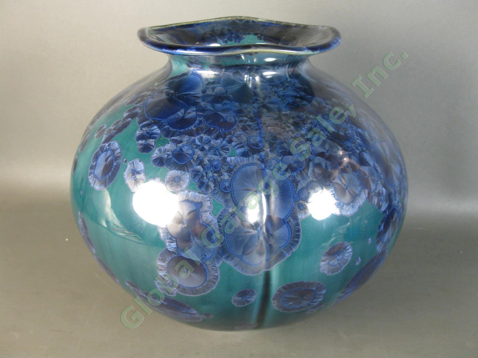 Large Bill Campbell Stellar Art Pottery Blue Drip Crystalline Glaze Lily Vase NR 1