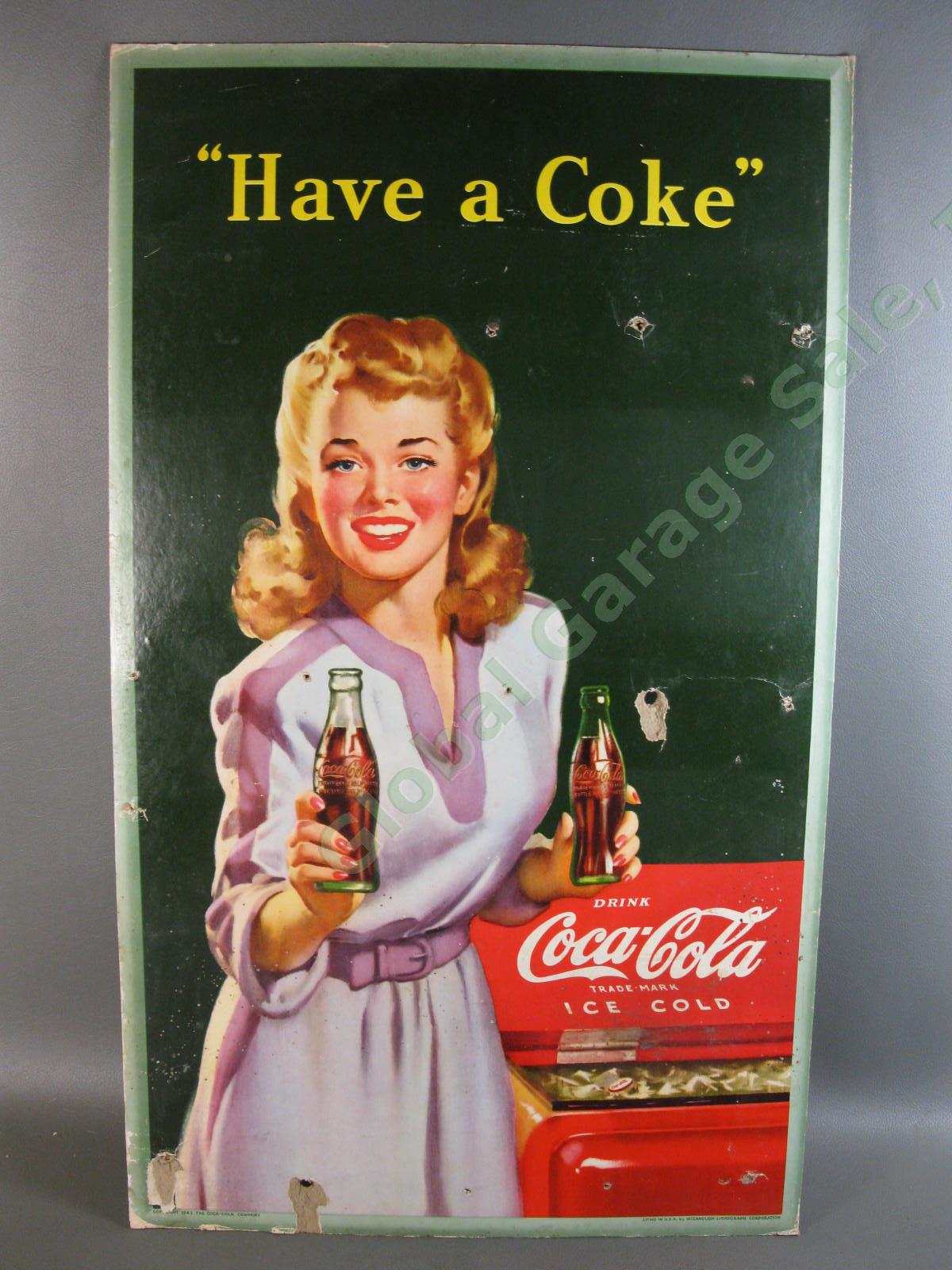 ORIGINAL VTG WWII 1943 HAVE A COKE Coca-Cola Cardboard Poster 27x16 Inch Sign NR