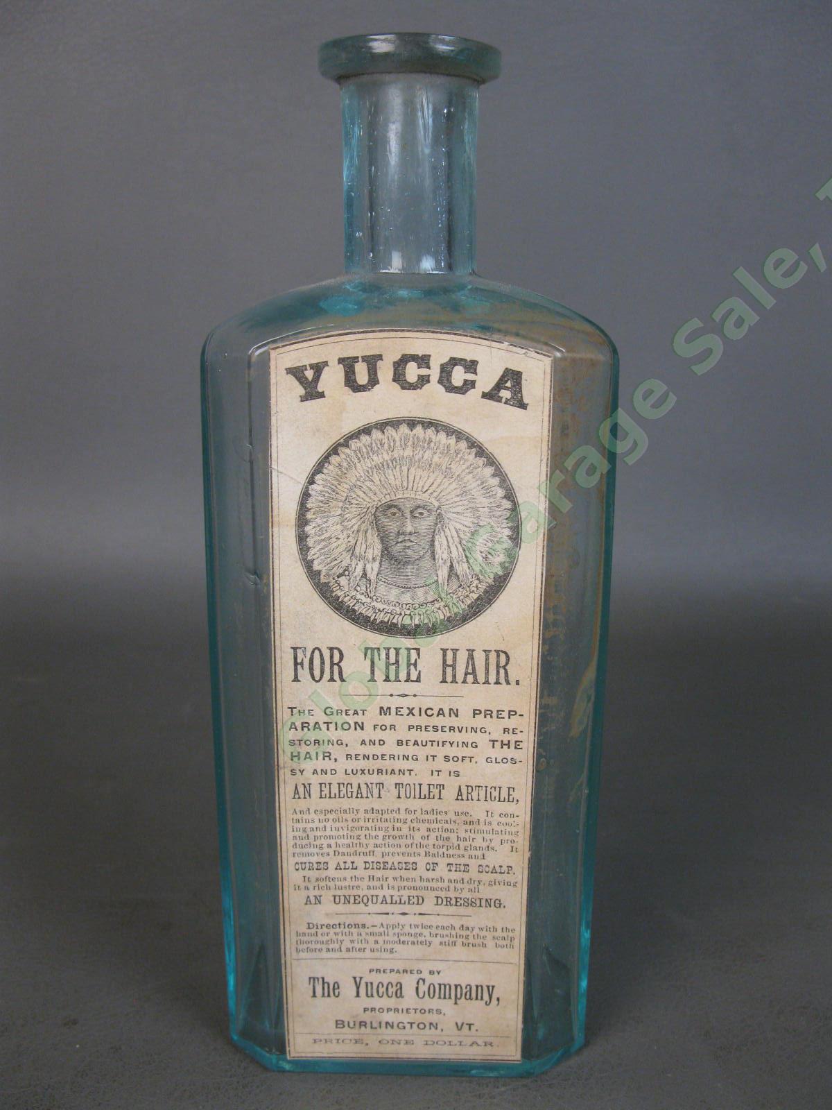 Antique Burlington Vermont Glass Bottle Yucca For The Hair Mexican Treatment NR