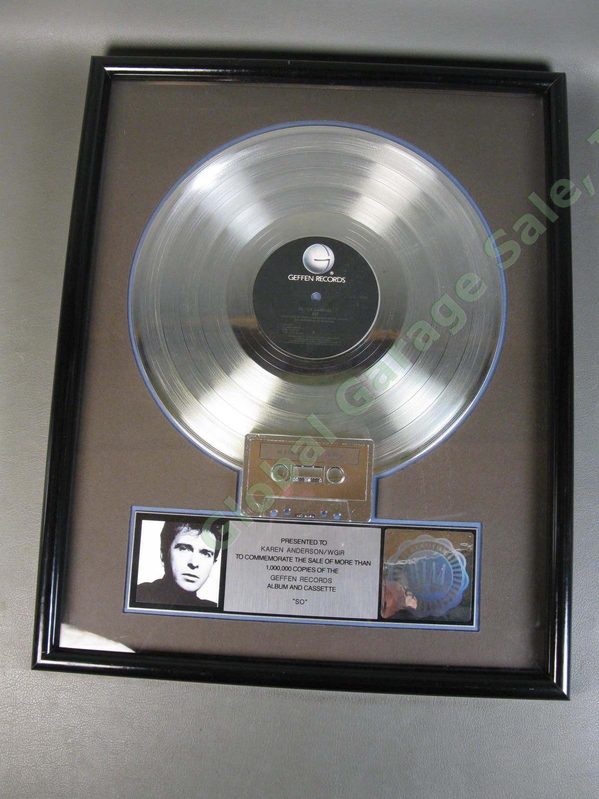 RIAA Certified Peter Gabriel SO Geffen Records Platinum Sales Award In Your Eyes