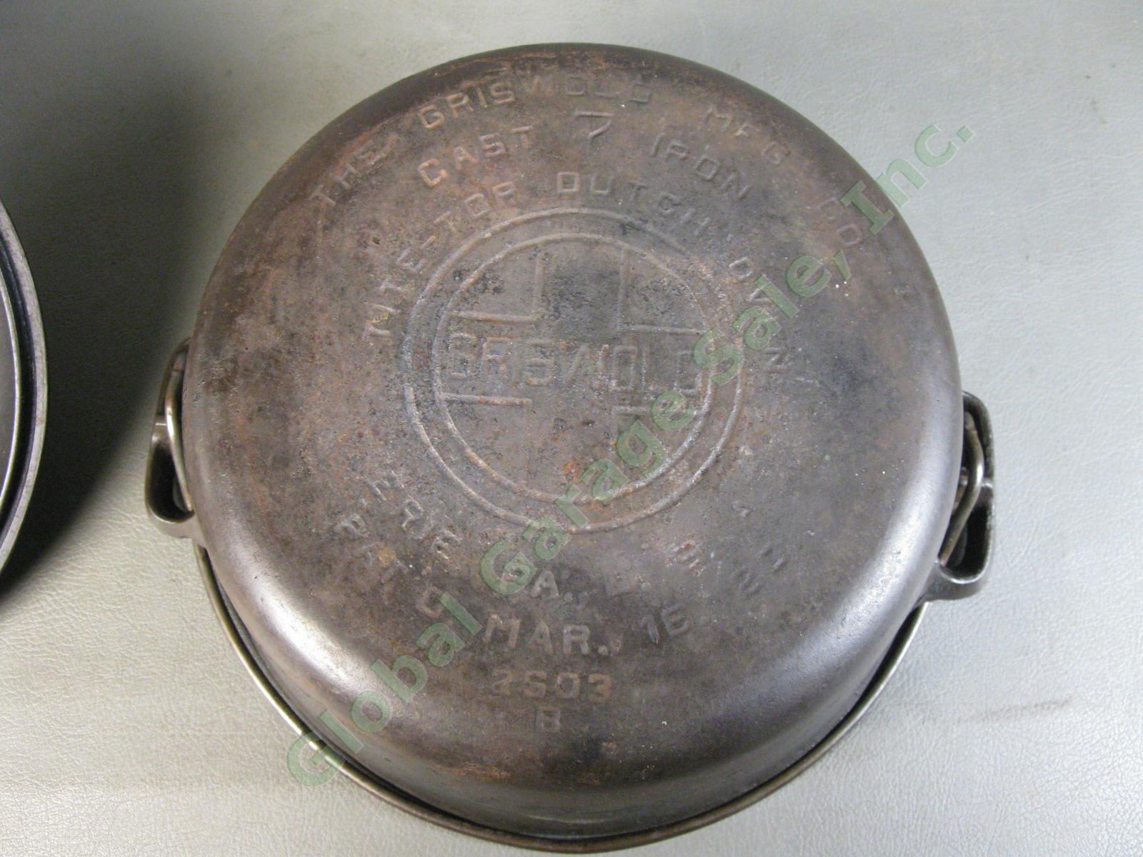 Antique Griswold Cast Iron No 7 Tite-Top Dutch Oven 2603B 2604B Lid Erie 1920 NR 5