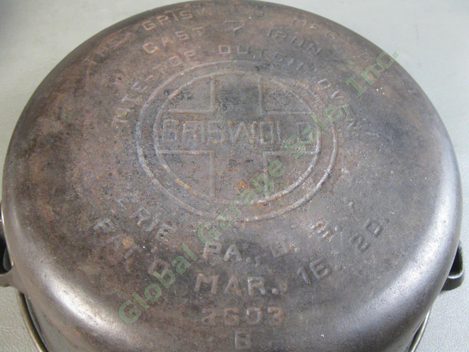 Antique Griswold Cast Iron No 7 Tite-Top Dutch Oven 2603B 2604B Lid Erie 1920 NR 6