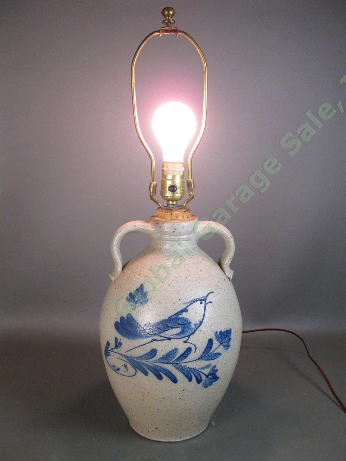 Ethan Allen Rowe Pottery Works Salt Glaze Stoneware Cobalt Blue Bird Lamp RPW NR