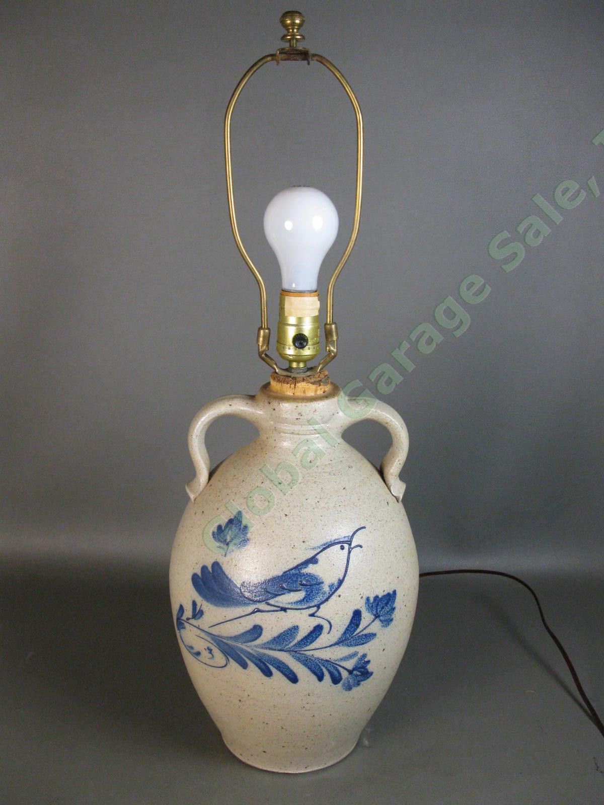 Ethan Allen Rowe Pottery Works Salt Glaze Stoneware Cobalt Blue Bird Lamp RPW NR 1
