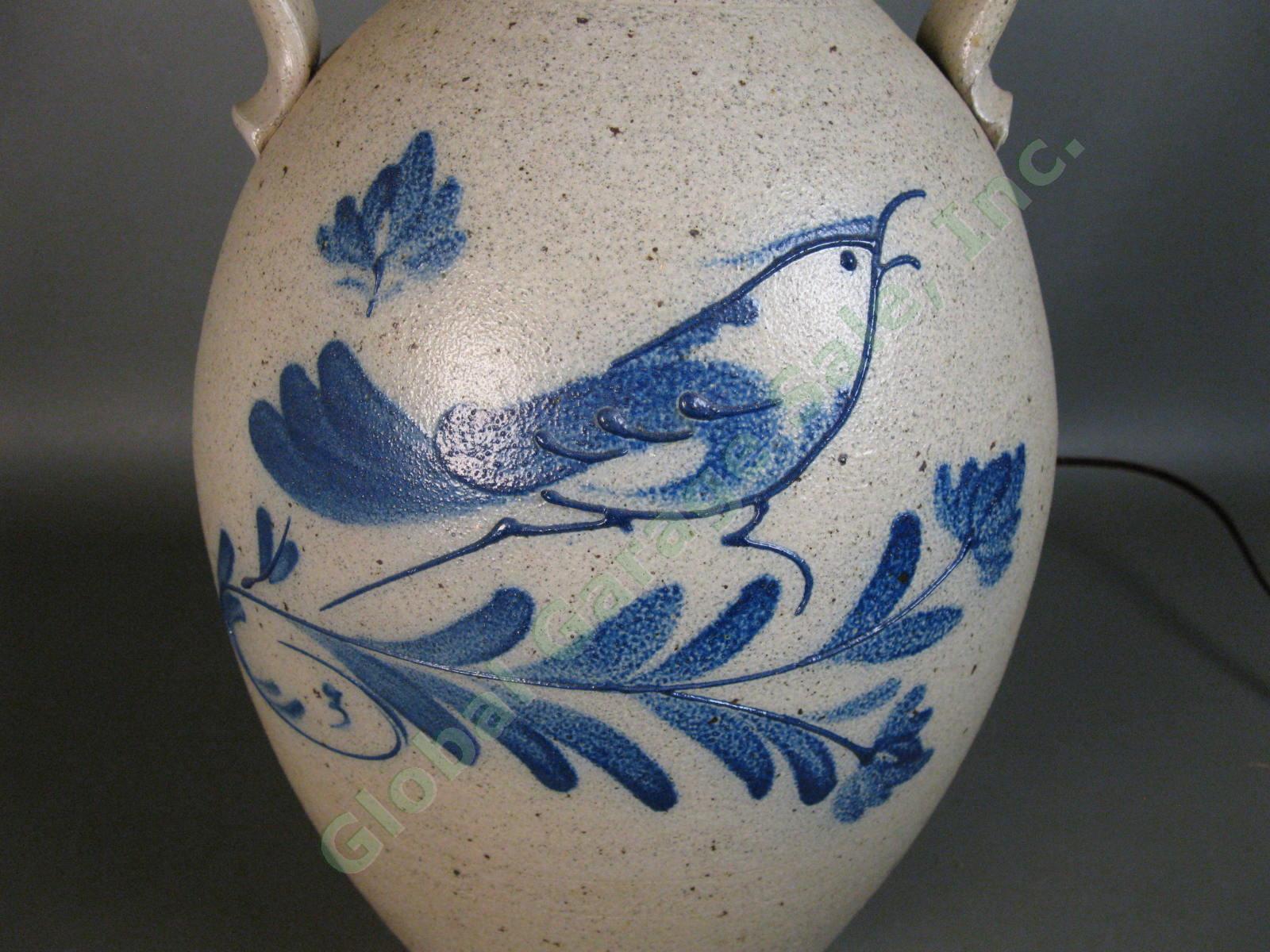 Ethan Allen Rowe Pottery Works Salt Glaze Stoneware Cobalt Blue Bird Lamp RPW NR 2
