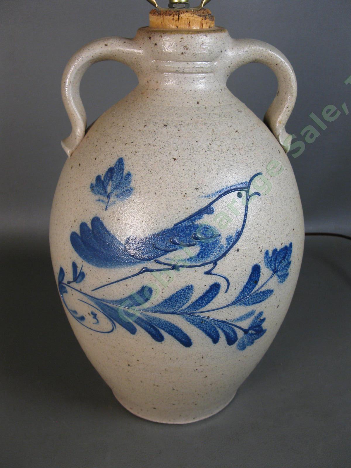 Ethan Allen Rowe Pottery Works Salt Glaze Stoneware Cobalt Blue Bird Lamp RPW NR 3