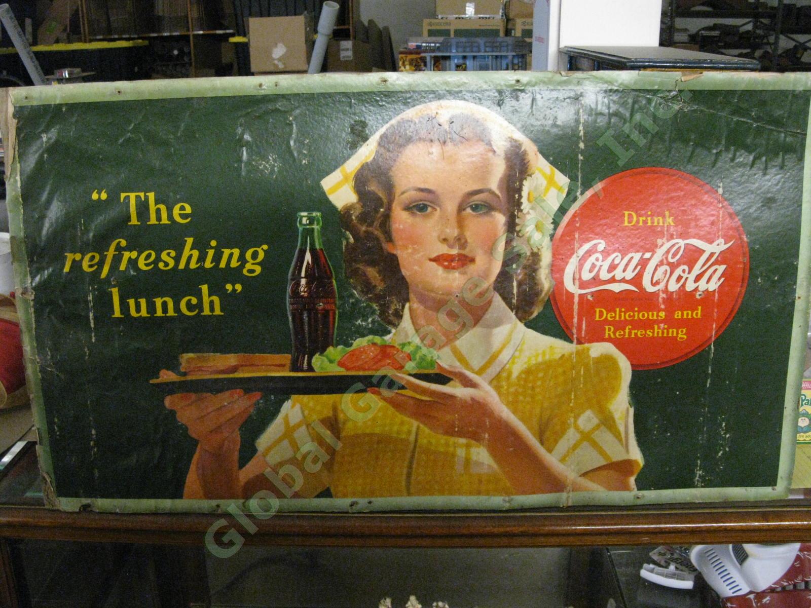 ORIGINAL WWII 1944 The Refreshing Lunch Coca-Cola Cardboard Coke Poster Sign NR