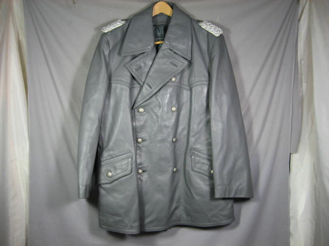 Vintage German Military Army Gray Leather Jacket Coat