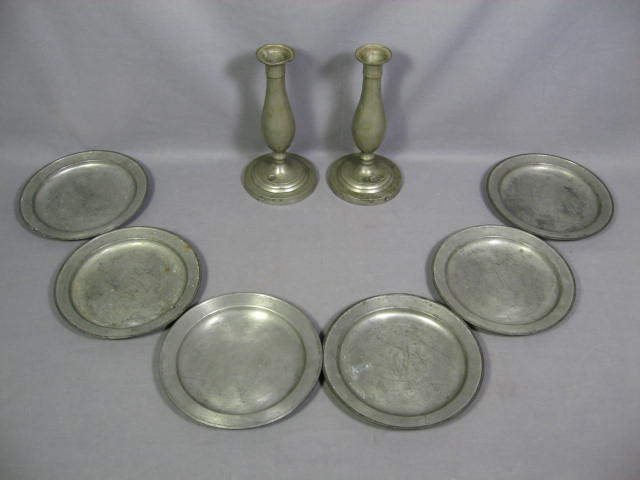 2 Antique Pewter Candle Holders Candleholders +6 Plates