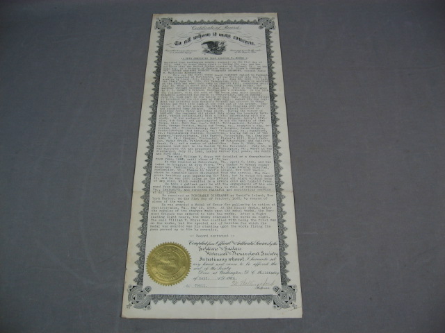 Antique 1906 Civil War Certificate Of Record Wm Noyes