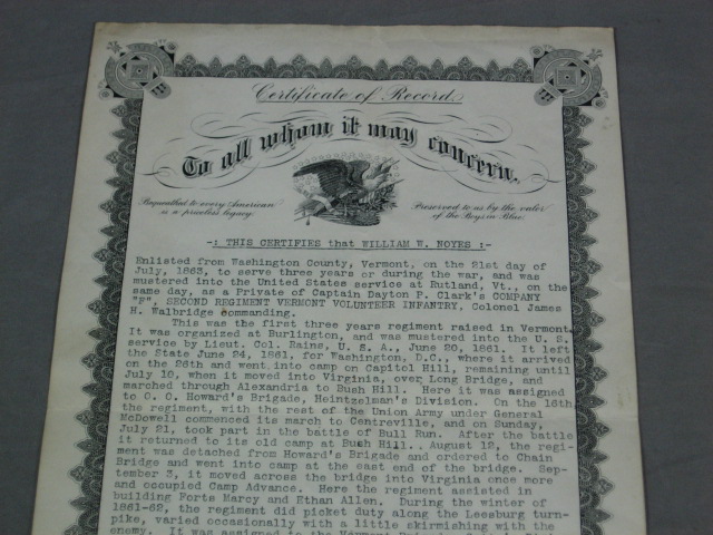 Antique 1906 Civil War Certificate Of Record Wm Noyes 1
