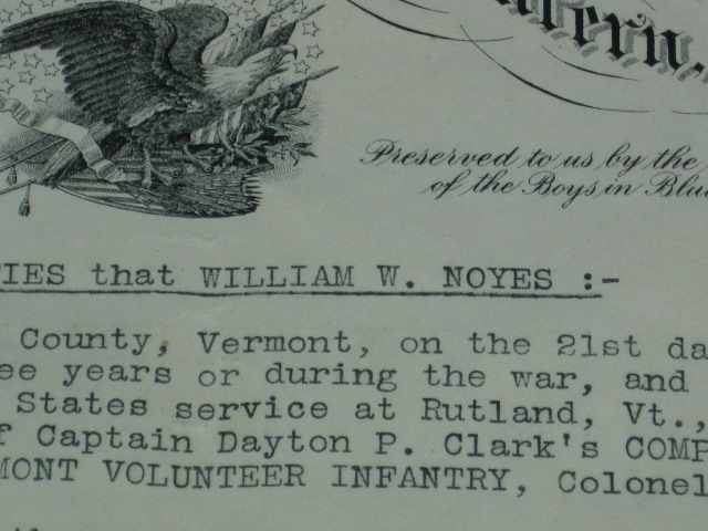 Antique 1906 Civil War Certificate Of Record Wm Noyes 2