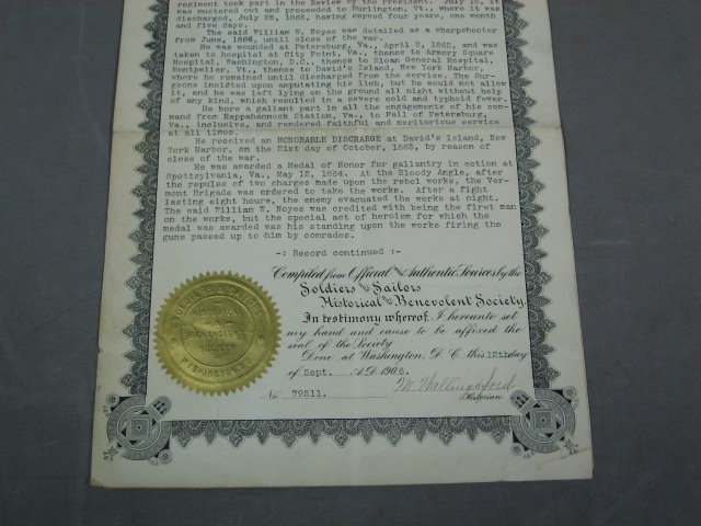 Antique 1906 Civil War Certificate Of Record Wm Noyes 3