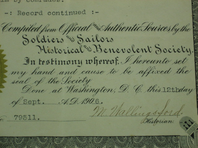 Antique 1906 Civil War Certificate Of Record Wm Noyes 4