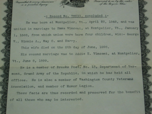 Antique 1906 Civil War Certificate Of Record Wm Noyes 6