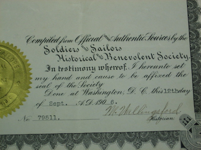 Antique 1906 Civil War Certificate Of Record Wm Noyes 7