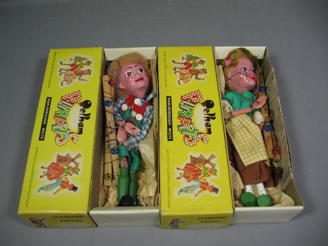 2 Vintage Pelham Puppets + Boxes Hansel & Gretel Set NR