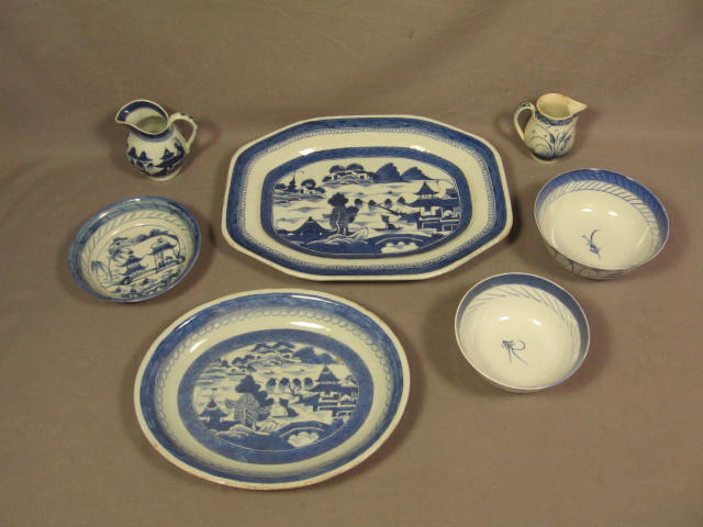 Antique 7-Pc Canton Blue China Set Bowls Dish Platter +