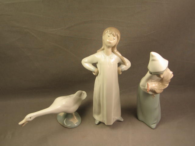 3 Lladro Figurine Girl Stretching W/Rooster Little Duck
