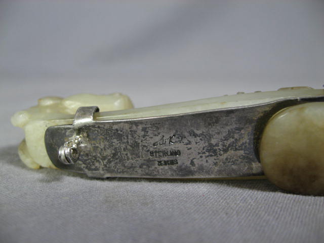 Vintage Mutton Fat Jade Dragon Pin Sterling Silver NR 6