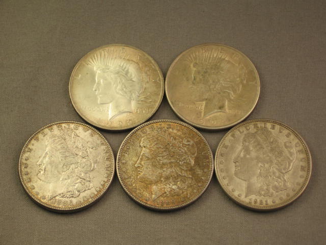 5 Silver Dollars 1886 1889 1921 Morgan +1922 1924 Peace