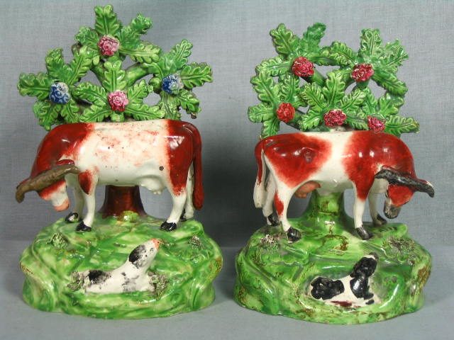 2 Historical Staffordshire Bocage Cow Figures 1800s NR