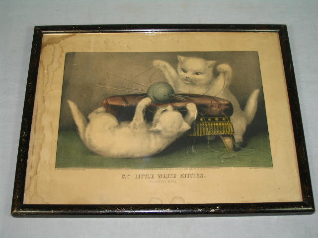 Currier & Ives Kittens Colored Lithograph Print 1870 NR