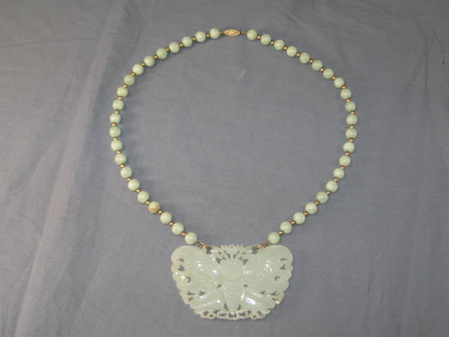 Antique Jade Butterfly Pendant Bead Necklace 14K Gold