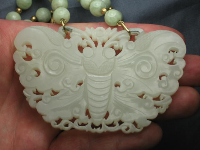 Antique Jade Butterfly Pendant Bead Necklace 14K Gold 1