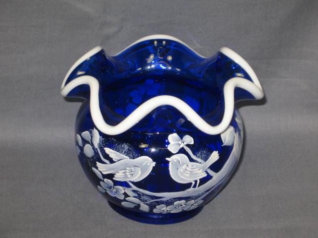 Fenton Cobalt Landmark Vase Ruffled Bowl + 4