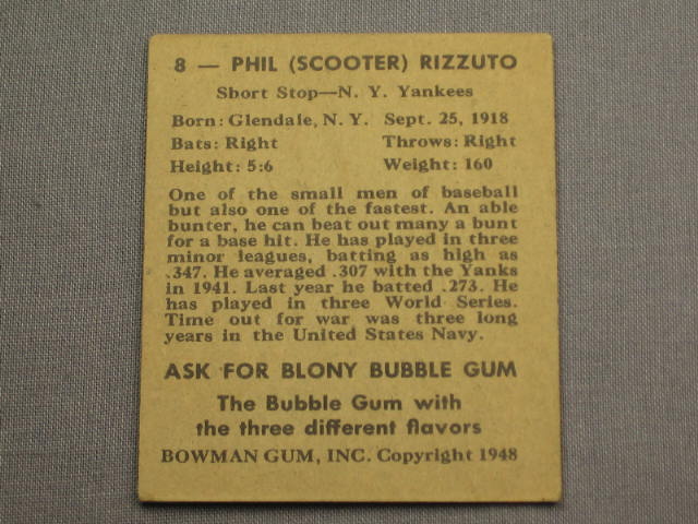 1948 Bowman #8 Phil Rizzuto Yankees RC Rookie Card NR! 3