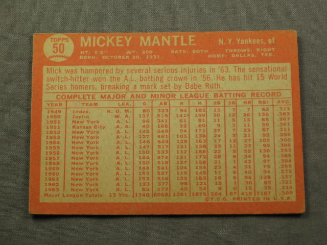1964 Topps Mickey Mantle #50 + 1969 #500 Yankees Cards 2