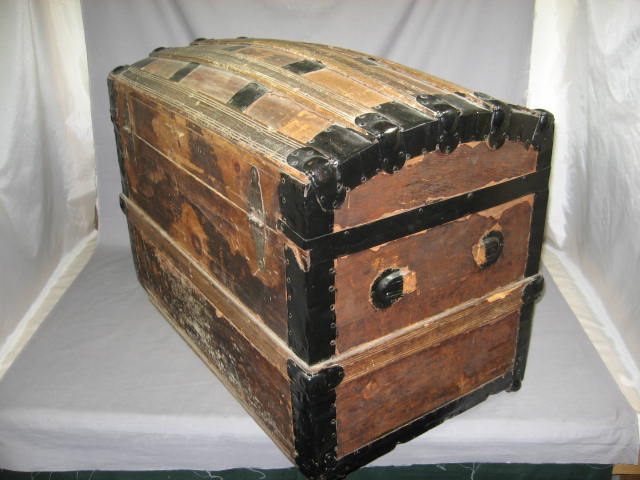 Antique 1800s Victorian Wooden Steamer Trunk Wood Chest Patented July 1 77 NR 3