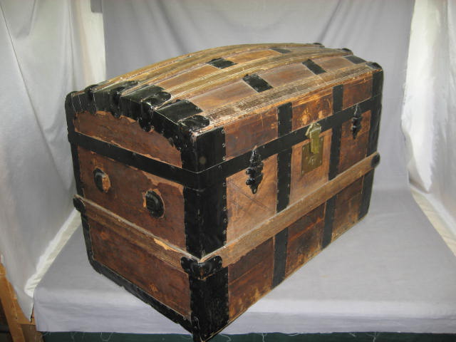 Antique 1800s Victorian Wooden Steamer Trunk Wood Chest Patented July 1 77 NR 4